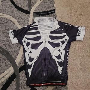 Wosawe Cycling Jersey Men Medium Black White Skeleton Full Zip Polyester